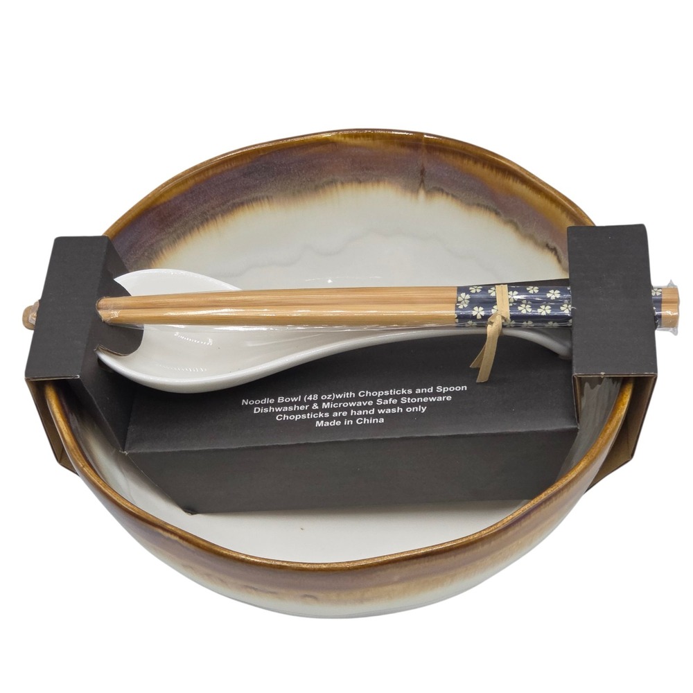 SH Home Asian Waves Brown And Cream Ceramic Ramen‎ Noodle Bowl Chopstick & Spoon